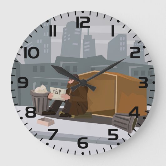 Homeless Man Holding Help Sign Urban Poverty ラージ壁時計 (正面)