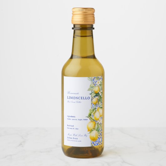 Homemade Limoncello Italian Blue Tile Floral Lemon ワインラベル (正面)