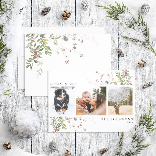 Homest Wishes Botanical 3フォトホリデーカード シーズンカード