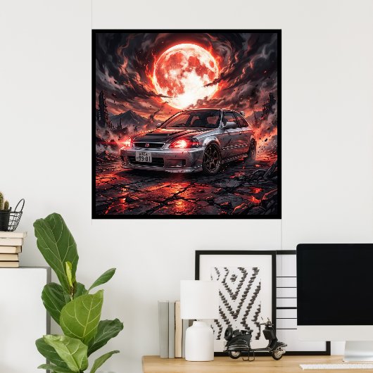 Honda Civic EK9 SiRと深紅の月 ポスター (ホームオフィス)