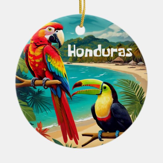 Honduras Travel Vintage Poster Macaw and Toucan セラミックオーナメント (正面)