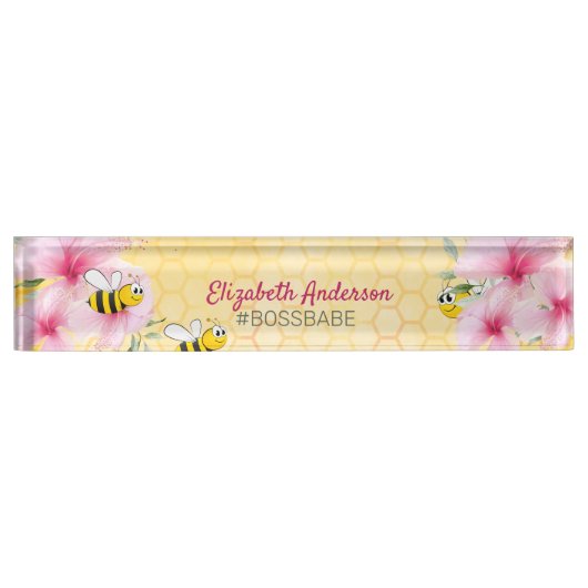 Honecomb幸せでぶつぶつ蜂ピンク花模様ボスbabe デスクネームプレート (正面)