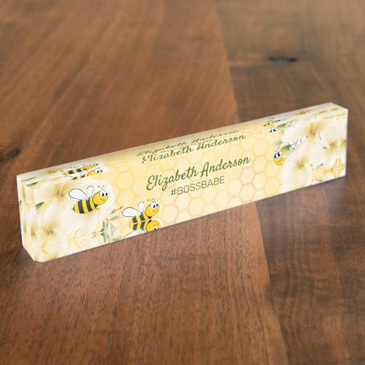Honecomb happy bumble bees花模様ボスbabeおもしろい デスクネームプレート (側面)