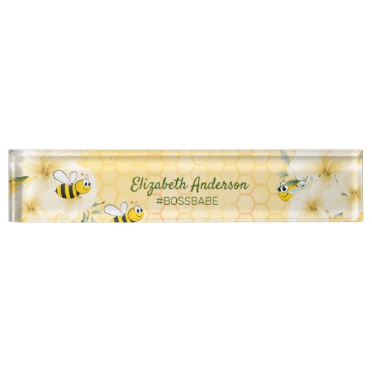 Honecomb happy bumble bees花模様ボスbabeおもしろい デスクネームプレート (正面)