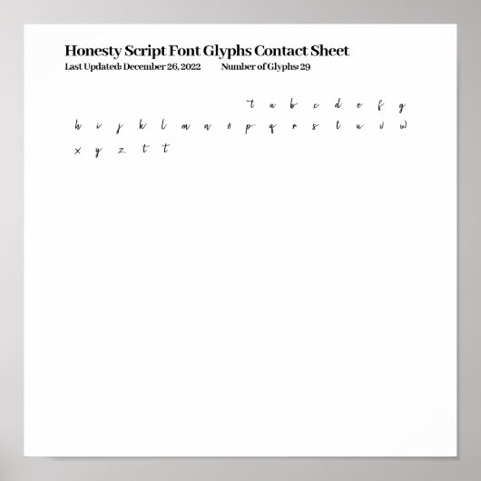 Honesty Script フォントグリフ連絡シート ポスター (正面)