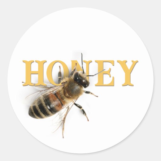 「HONEY」という言葉の上にかわいい等身大のリアルなハチ。 ラウンドシール (正面)