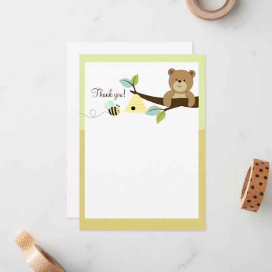 Honey Bear and Bee Flat Thank You notes ノートカード (正面/裏面インサイチュ)