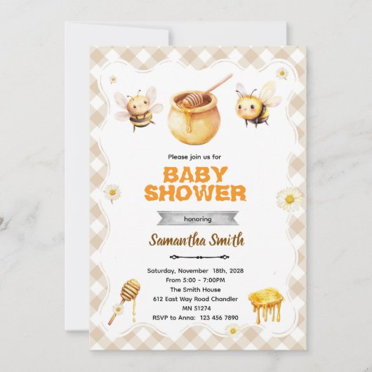 Honey bee baby shower invitation 招待状 (正面)
