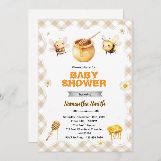 Honey bee baby shower invitation 招待状 (正面/裏面)