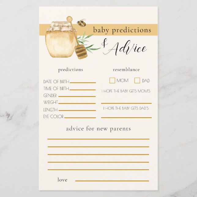 Honey Bee Baby Shower Prediction Game (正面)