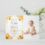 Honey Bee-Day Watercolor Cute Photo 1st Birthday 招待状 (スタンド正面)