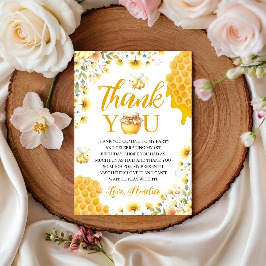 Honey Bee First Birthday Thank You Card 招待状