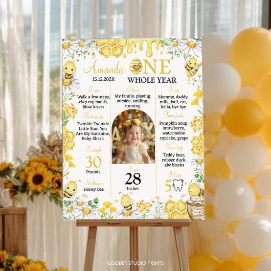 Honey Bee Floral Birthday Photo Milestone Poster ポスター