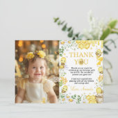 Honey Bee Floral First Bee Day Birthday Photo サンキューカード (スタンド正面)