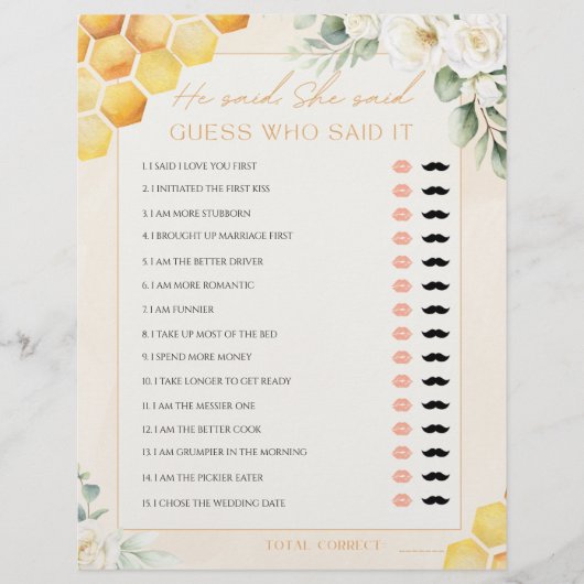 Honey Bee He Said She Said Bridal Shower Game (正面)