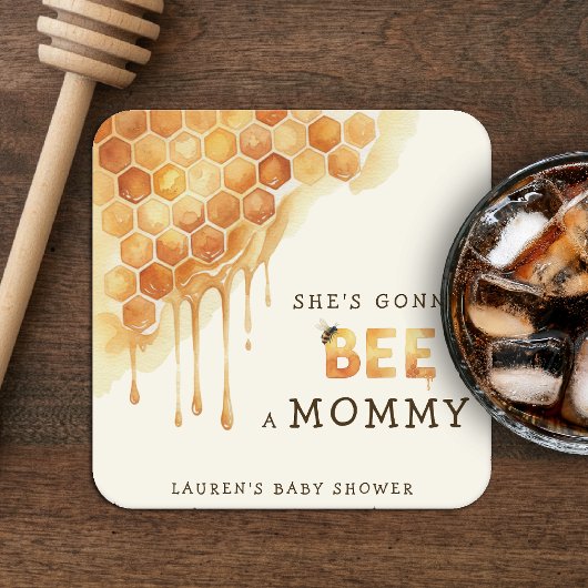 Honey Bee Honeycomb Watercolor Baby Shower スクエアペーパーコースター