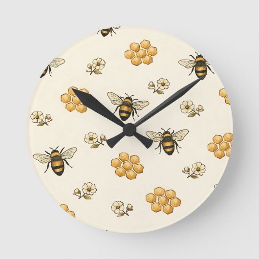 Honey Bees and Honeycomb Seamless Pattern ラウンド壁時計 (正面)