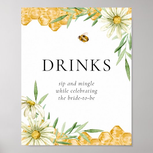 Honey Bees Daisy Flower Bar Drink Station Sign ポスター (正面)