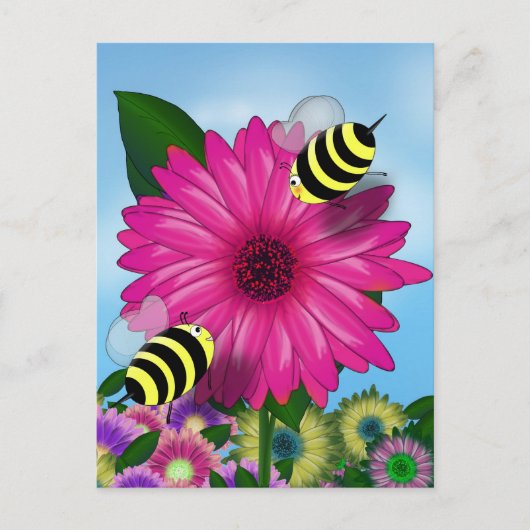 Honey Bees Meeting on Pink Flower ポストカード (正面)