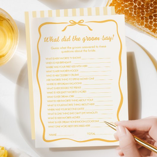 Honey Bridal Shower What did the Groom Say Game ノートカード