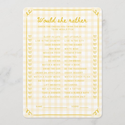 Honey Bridal Shower Would She Rather Game Card 招待状 (正面)