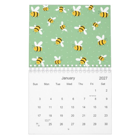 Honey Bumble Bee Green Pattern 2026 カレンダー (1月 2027)