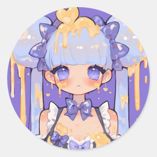 Honey Drip Kawaii Chibi Girl ラウンドシール (正面)