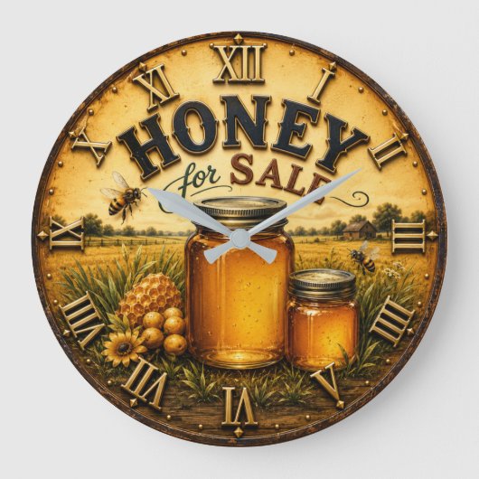 Honey for Sale Farm Fresh Honey Jar Beekeeper ラージ壁時計 (正面)