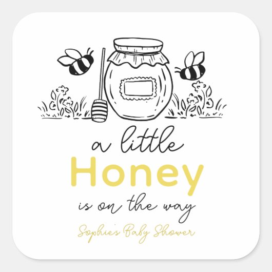 Honey Hand-drawn Jar & Bees White Baby Shower スクエアシール (正面)