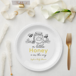 Honey Hand-drawn Jar & Bees White Baby Shower ペーパープレート