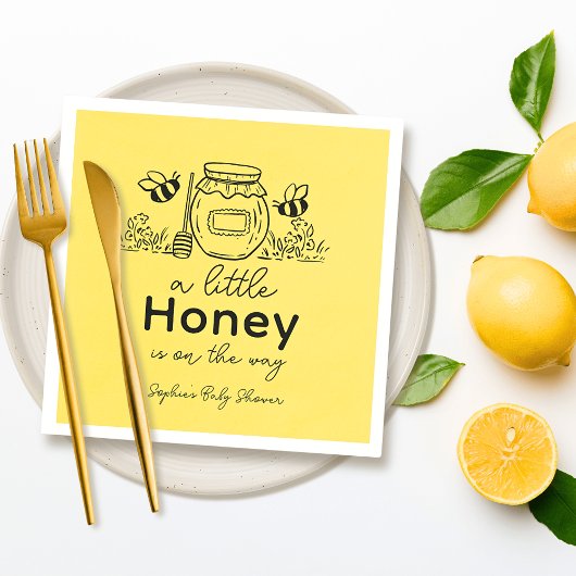 Honey Hand-drawn Jar Bees Yellow Baby Shower スタンダードカクテルナプキン