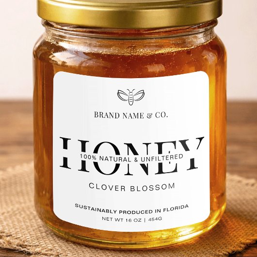 Honey Jar Label Minimalist Black & White Packaging スクエアシール