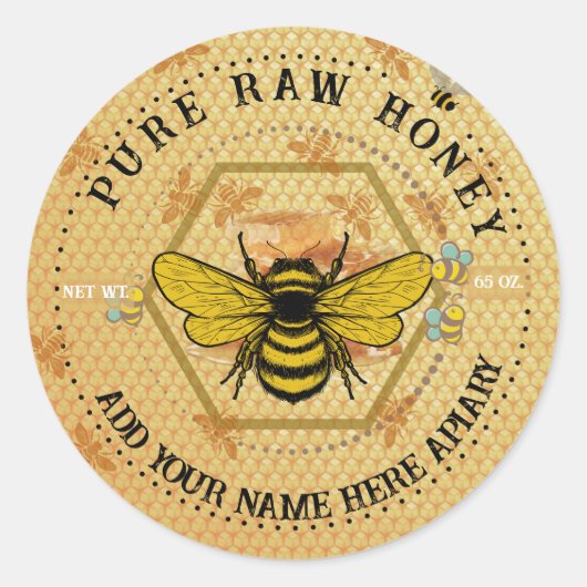 Honey Jar Stickers | Bee & Honeycomb Apiary Labels ラウンドシール (正面)