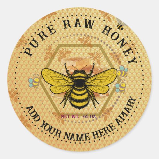 Honey Jar Stickers | Bee & Honeycomb Apiary Labels ラウンドシール (正面)