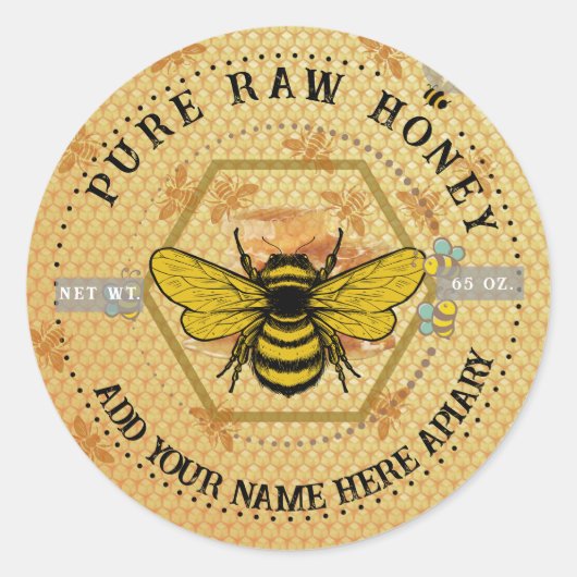 Honey Jar Stickers | Bee & Honeycomb Apiary Labels ラウンドシール (正面)