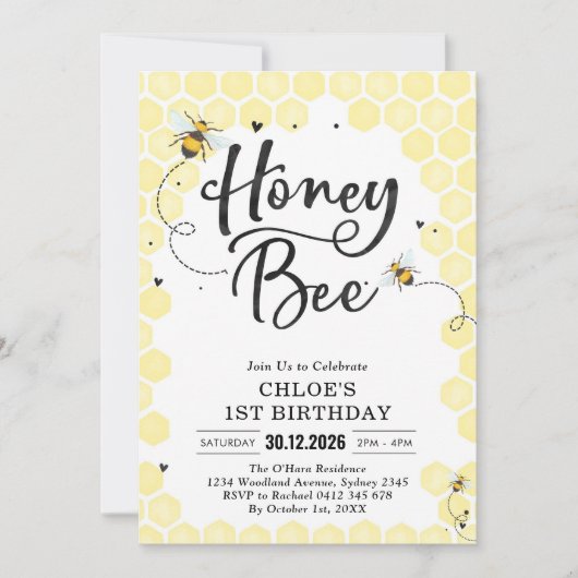 Honey One Honey Bee 1st Birthday Invitation 招待状 (正面)