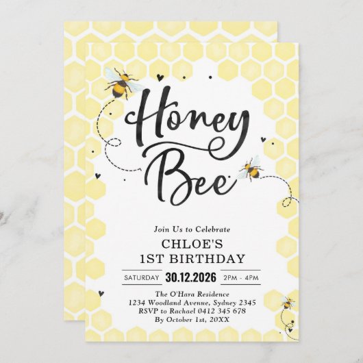 Honey One Honey Bee 1st Birthday Invitation 招待状 (正面/裏面)