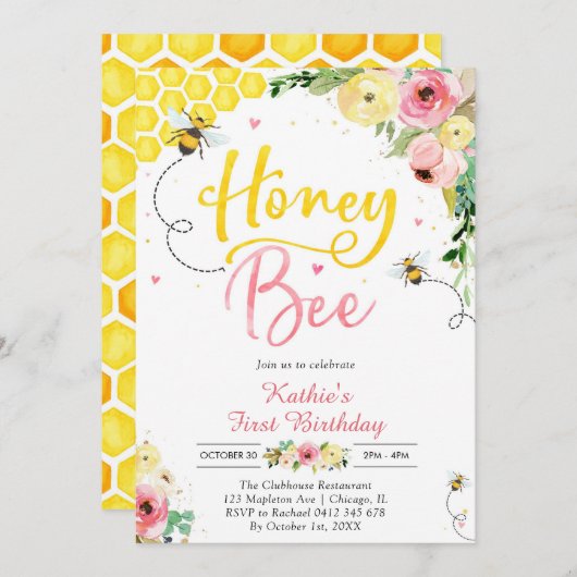 Honey One Honey Bee 1st Birthday Invitation 招待状 (正面/裏面)
