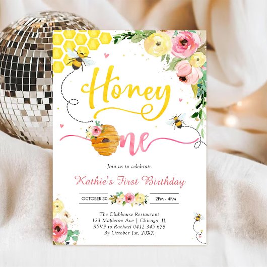 Honey One Honey Bee 1st Birthday Invitation 招待状