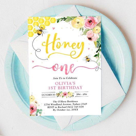 Honey One Honey Bee 1st Birthday Invitation 招待状