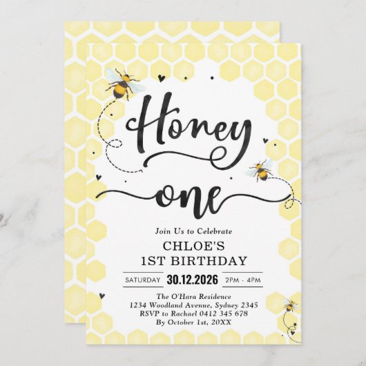 Honey One Honey Bee 1st Birthday Invitation 招待状 (正面/裏面)