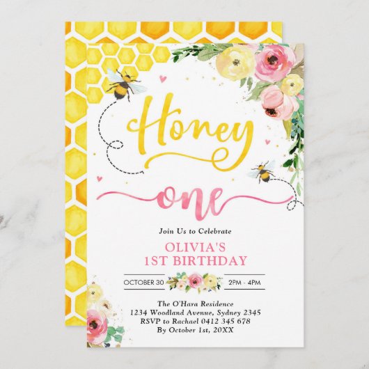 Honey One Honey Bee 1st Birthday Invitation 招待状 (正面/裏面)