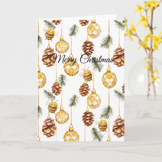 Honey Ornaments Happy Bees Christmas Pine Cones カード (黄色い花)