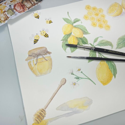 Honey w Cute Bees Lemon Floral n Foliage