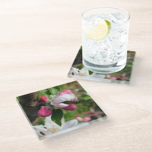 Honeybee & Apple Blossom | Fine Art Glass Coasters ガラスコースター (アングル)