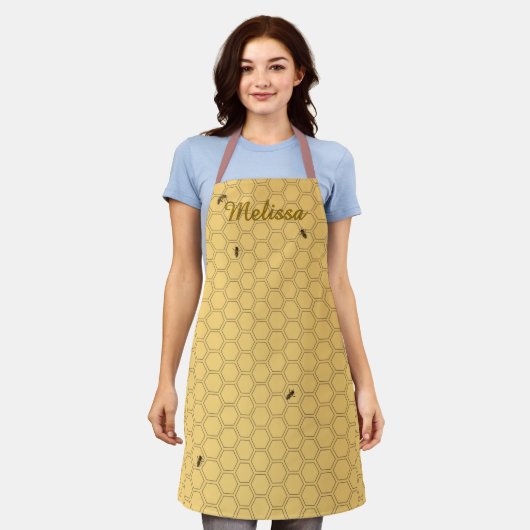 Honeycomb Bee Beekeeper Yellow Personalized Apron エプロン (着用した状態)