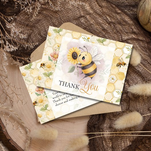 Honeycomb Floral Bee Classy Custom Baby Shower サンキューカード