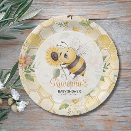 Honeycomb Floral Bee Custom Name Baby Shower ペーパープレート