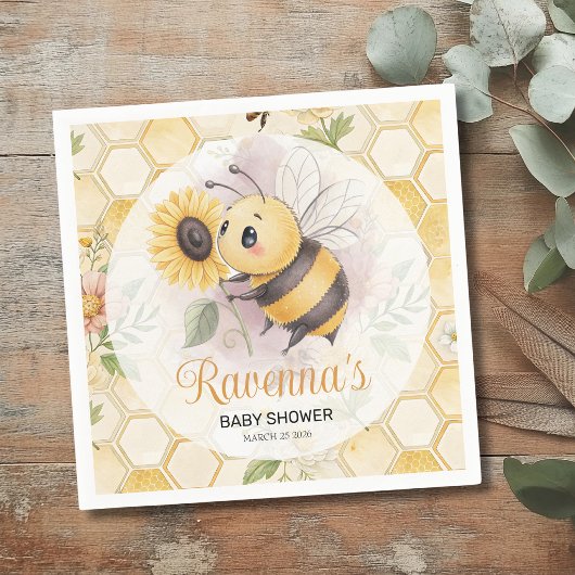 Honeycomb Floral Bee Personalized Baby Shower スタンダードカクテルナプキン