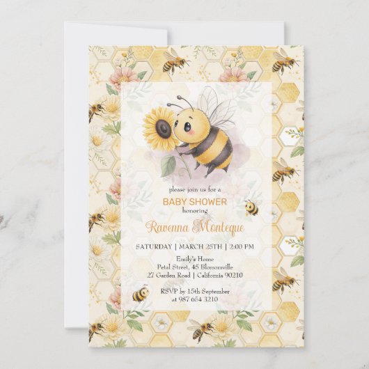 Honeycomb Floral Bee Personalized Baby Shower 招待状 (正面)